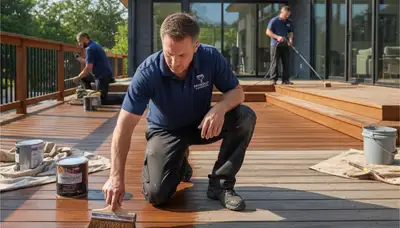 Memphis Paint Pros staining a wood deck in Memphis, TN to protect and enhance outdoor spaces