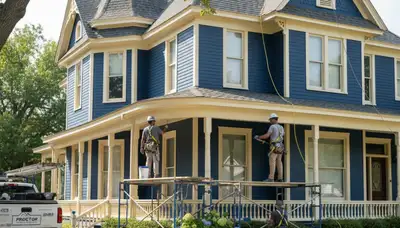 Professional painters in Memphis, TN preparing a home exterior for painting work